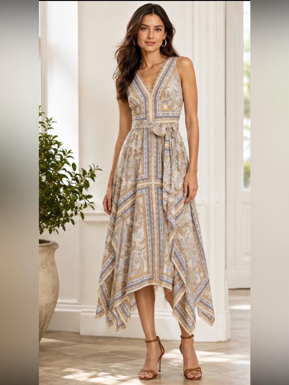 Ralph Lauren Beige and Light Blue Paisley Maxi Dress